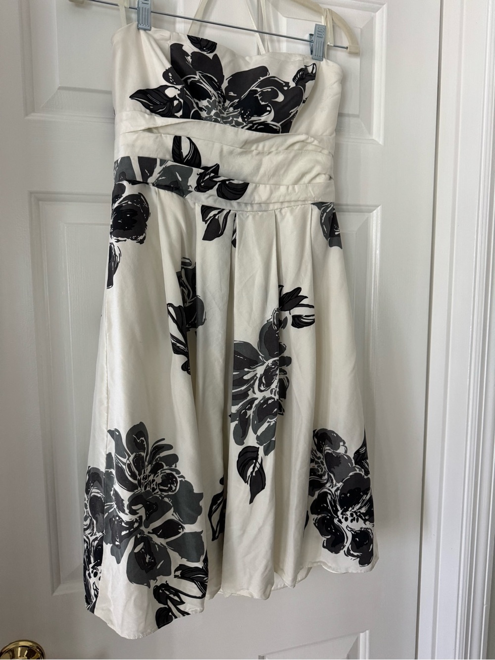 Ann Taylor Strapless Cream Midi Dress with Black & Gray Floral Print